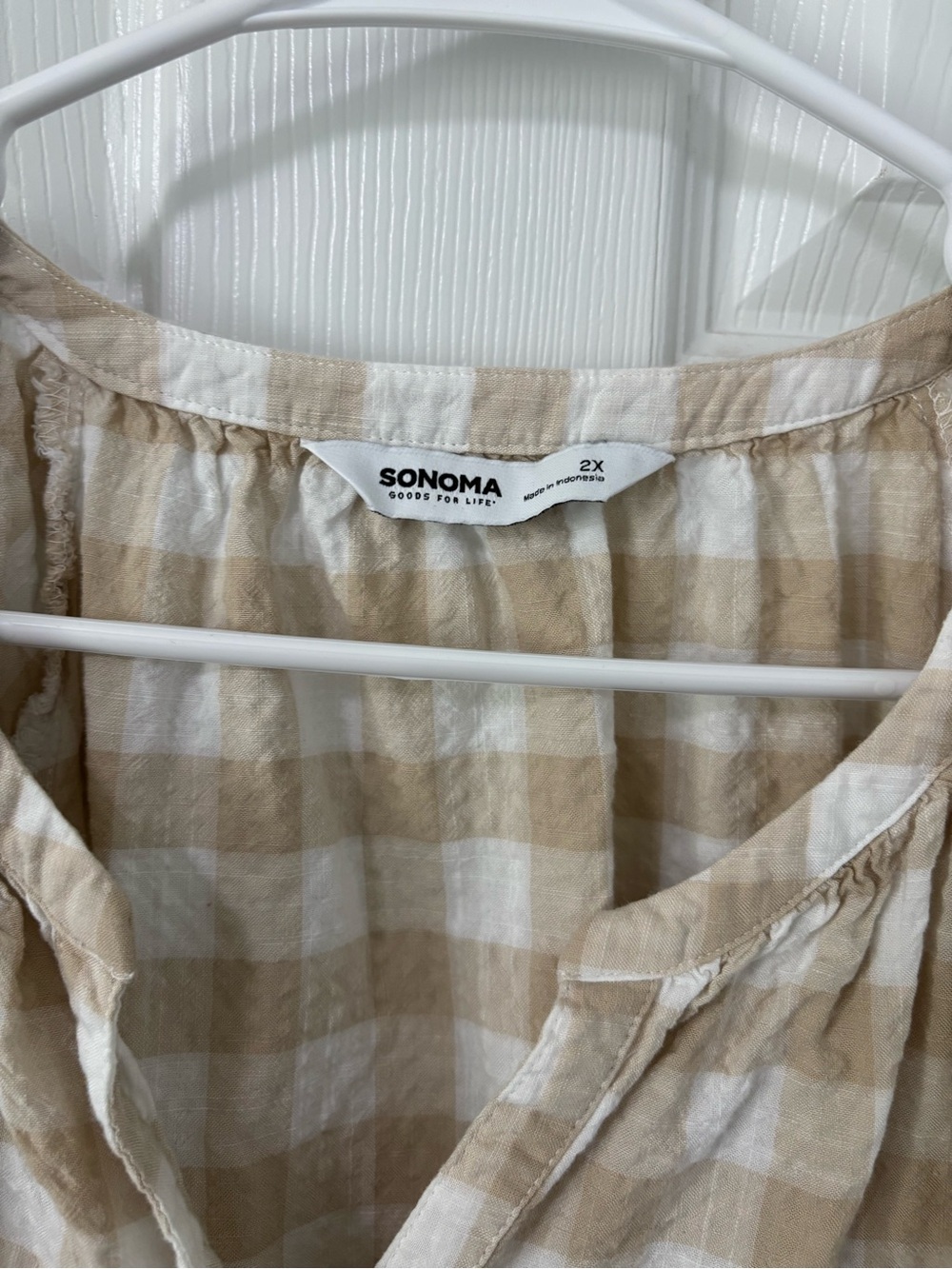 Sonoma Beige and White Gingham Peasant Blouse - Picture 2 of 3